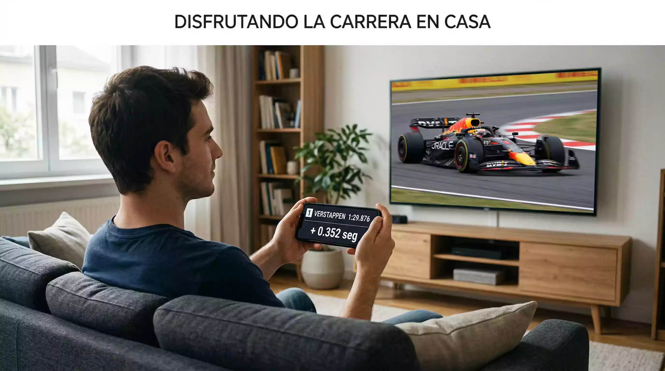 Persona viendo su primera carrera de Fórmula 1 con teléfono móvil