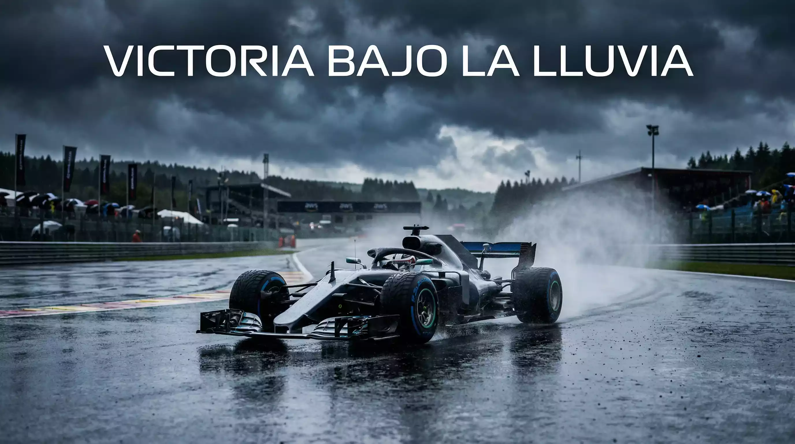 Monoplaza de Fórmula 1 pilotando bajo la lluvia con spray