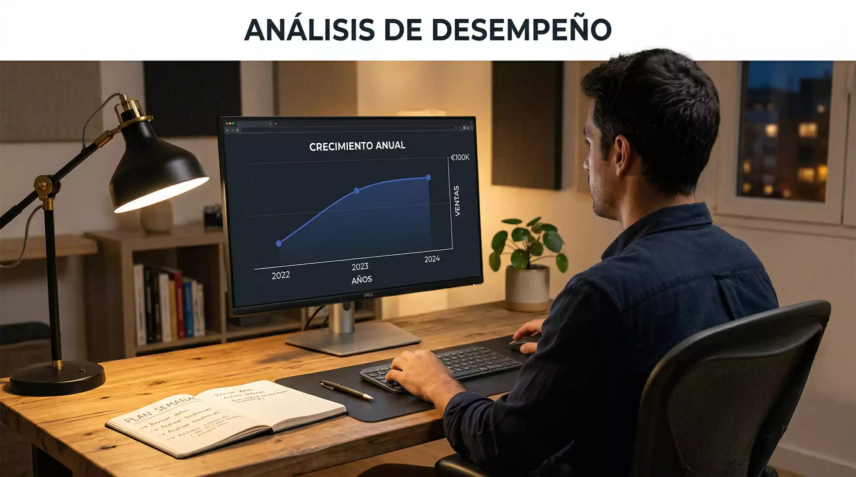 Persona analizando datos de rendimiento en pantalla de ordenador