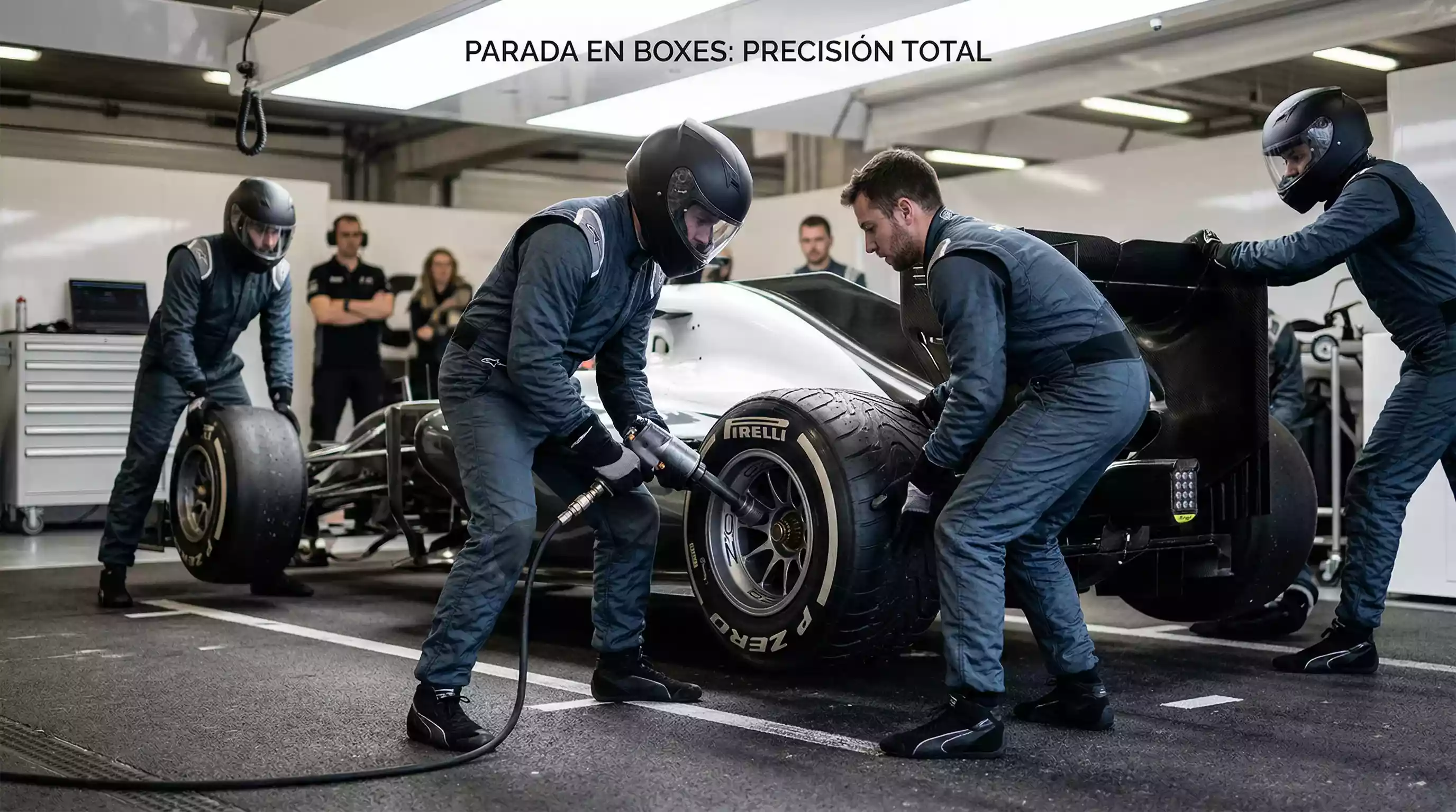 Mecánicos de Fórmula 1 realizando pit stop con cambio de neumáticos