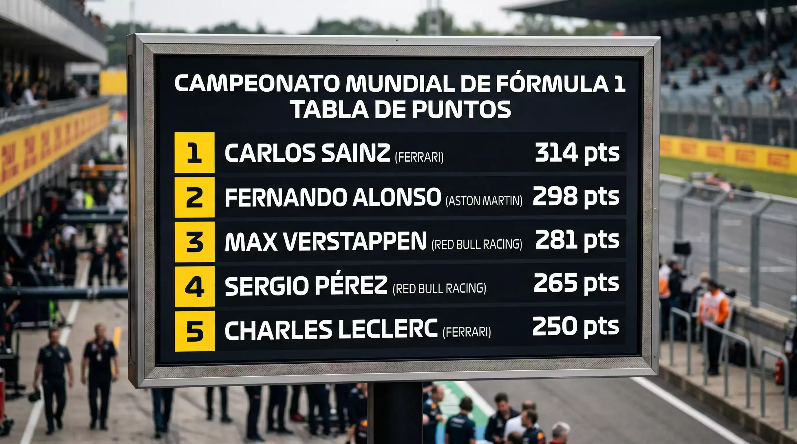 Tabla de puntuación de Fórmula 1 con posiciones